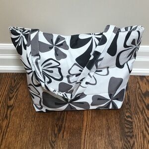Black White, Gray Floral Tote Bag -Beach Bag